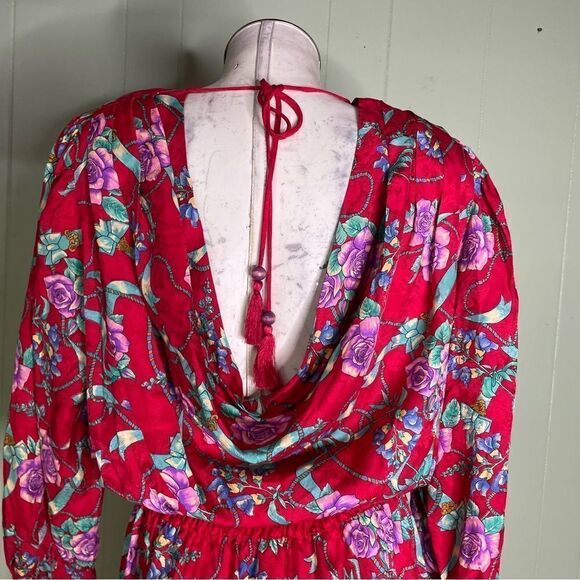 Vintage 80s Designer Diane Freis 100% Silk Beaded Plunge Floral‎ Midi Dress S M - Picture 9 of 12